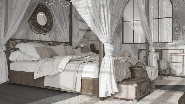 Bedroom Close Canopy Bed White Dark Tones Natural Wallpaper Blankets — Zdjęcie stockowe