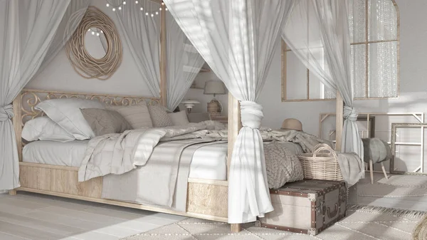 Bedroom close up with canopy bed in white and beige tones. Blankets, duvet and pillows. Bohemian rattan and bleached wooden furniture. Boho style interior design