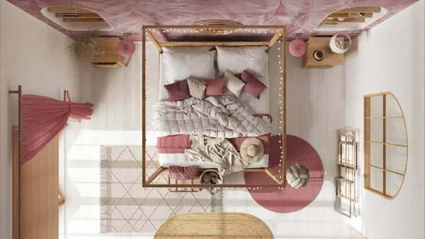 Bohemian Bedroom Canopy Bed White Red Tones Parquet Natural Wallpaper — Fotografia de Stock