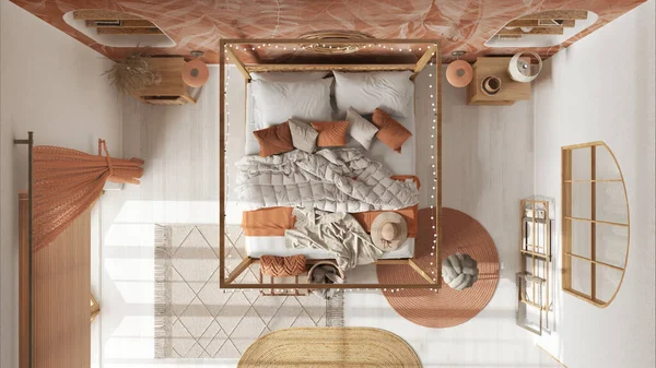 Bohemian bedroom with canopy bed in white and orange tones. Parquet and natural wallpaper. Rattan and wooden furniture. Boho style interior design, top view, plan, above