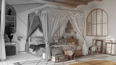 Mimari iç mimar konsepti: el yapımı taslak tamamlanmamış proje gerçek, şık yatak odası ve cibinlikli yatak odası haline geliyor. Bohem Rattan ve ahşap mobilyalar. Boho tarzı