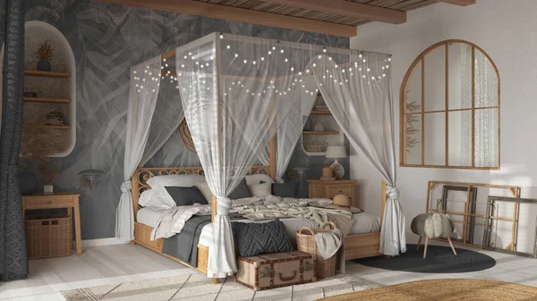 Elegant Bedroom Canopy Bed White Gray Tones Parquet Natural Wallpaper — Stockfoto