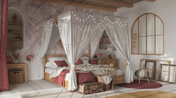 Elegant Bedroom Canopy Bed White Red Tones Parquet Natural Wallpaper — Stockfoto