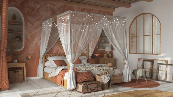 Elegant Bedroom Canopy Bed White Orange Tones Parquet Natural Wallpaper — Stock Photo, Image