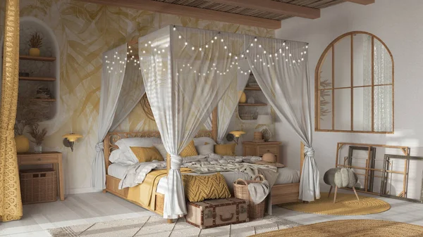 Elegant bedroom with canopy bed in white and yellow tones. Parquet, natural wallpaper and cane ceiling. Bohemian rattan and wooden furniture. Boho style interior design