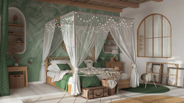 Elegant Bedroom Canopy Bed White Green Tones Parquet Natural Wallpaper — Stock Photo, Image