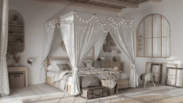 Elegant bedroom with canopy bed in white and beige tones. Parquet, natural wallpaper and cane ceiling. Bohemian rattan and bleached wooden furniture. Boho style interior design