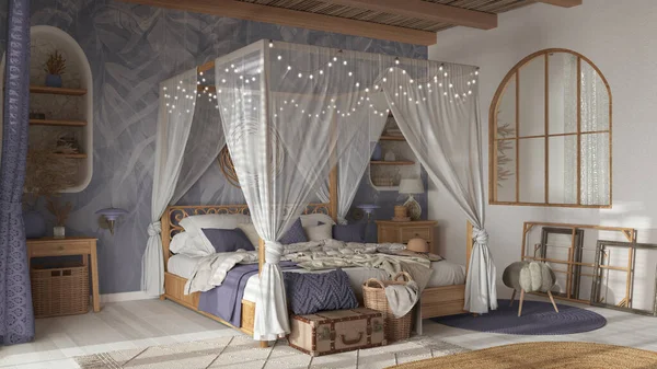 Elegant bedroom with canopy bed in white and purple tones. Parquet, natural wallpaper and cane ceiling. Bohemian rattan and wooden furniture. Boho style interior design