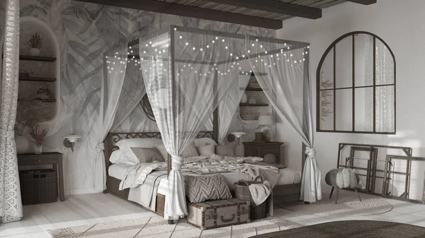 Elegant Bedroom Canopy Bed White Dark Tones Parquet Natural Wallpaper — Stok fotoğraf