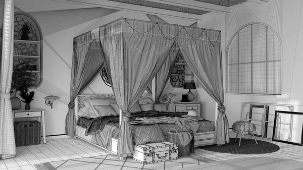 Blueprint Unfinished Project Draft Elegant Bedroom Canopy Bed Parquet Natural — Stok fotoğraf