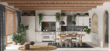 Beyaz ve gri tonlarda modern ahşap mutfağın panoramik manzarası. Yemek masası ve aletler. İskandinav Boho iç tasarımı