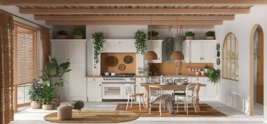 Beyaz ve turuncu tonlarda çağdaş ahşap mutfağın panoramik manzarası. Yemek masası ve aletler. İskandinav Boho iç tasarımı