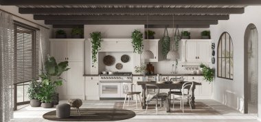 Çağdaş ahşap mutfağın panoramik görüntüsü, beyaz ve koyu tonlarda. Yemek masası ve aletler. İskandinav Boho iç tasarımı