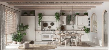 Çağdaş ahşap mutfağın panoramik görüntüsü. Beyaz ve ağarmış tonlarda. Yemek masası ve aletler. İskandinav Boho iç tasarımı