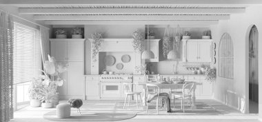 Tamamen beyaz proje taslağı, modern ahşap mutfağın panoramik manzarası. Yemek masası ve aletler. İskandinav Boho iç tasarımı