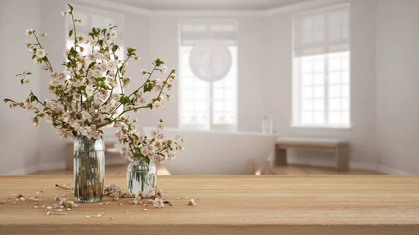 Wooden Table Desk Shelf Close Branches Cherry Blossoms Glass Vase — 스톡 사진