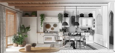 Mimari iç mimar konsepti: çağdaş ahşap mutfağın panoramik manzarası haline gelen el çizimi tamamlanmamış proje. İskandinav boho tarzı