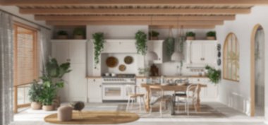 Bulanık arka plan, modern ahşap mutfağın panoramik görüntüsü. Yemek masası ve aletler. İskandinav Boho iç tasarımı