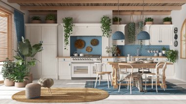 Beyaz ve mavi tonlarda ahşap köy mutfağı. Yemek masası, halı ve eşyalar. İskandinav Boho iç tasarımı