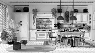 Tamamlanmamış proje taslağı, ahşap köy mutfağı. Yemek masası, halı ve aletler. İskandinav Boho iç tasarımı