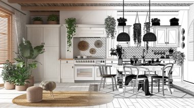 Mimar iç mimar konsepti: elle çizilmiş, tamamlanmamış bir proje gerçek, ahşap bir köy mutfağı haline geliyor. Yemek masası. İskandinav boho tarzı