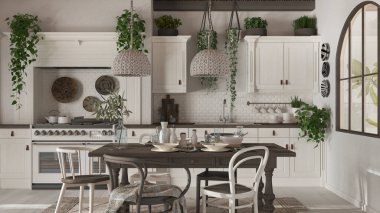 Ahşap İskandinav usulü yemek masası ve mutfak. Masa beyaz ve koyu tonlarda. Ülke bohem iç tasarımı