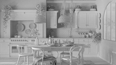 Beyaz proje taslağı, yemek masası ve mutfak ahşap İskandinav boho tarzı. Masa ayarı. Ülke bohem iç tasarımı