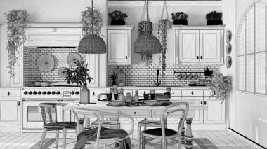 Tamamlanmamış proje taslağı, ahşap İskandinav boho tarzında yemek masası ve mutfak. Masa ayarı. Ülke bohem iç tasarımı