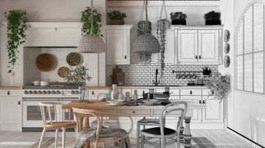 Mimari iç mimar konsepti: elle çizilmiş tamamlanmamış taslak proje gerçek oluyor, İskandinav boho tarzında yemek masası ve mutfak. Masa ayarı. Ülke bohem dili