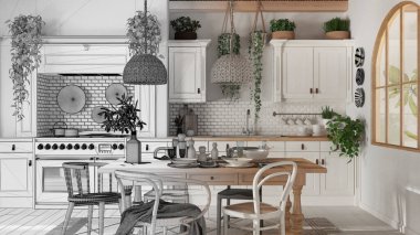 Mimari iç mimar konsepti: elle çizilmiş tamamlanmamış taslak proje gerçek oluyor, İskandinav boho tarzında yemek masası ve mutfak. Masa ayarı. Ülke bohem dili