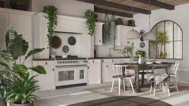 Bohem tarzında ahşap detaylarla dolu mutfak ve yemek odası. Sandalye, halı ve beyaz ve koyu renkli aletlerle dolu bir masa. Boho ülke iç tasarımı