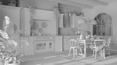 Tamamen beyaz proje taslağı, mutfak ve yemek odası. Bohem tarzında ahşap detaylar. Sandalyeli, halılı ve aletli masa. Boho ülke iç tasarımı