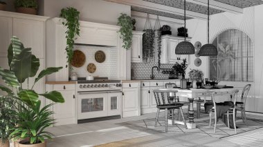 Mimari iç mimar konsepti: elle çizilmiş tamamlanmamış taslak proje gerçeğe dönüşüyor, mutfak ve yemek odası bohem tarzında ahşap detaylara sahip. Boho ülke iç tasarımı