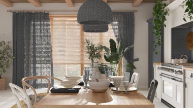 Beyaz ve gri tonlarda ahşap yemek masası. Mutfak, kolye lambaları ve pencere. İskandinav Boho iç tasarımı