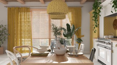 Beyaz ve sarı tonlarda ahşap yemek masası. Mutfak, kolye lambaları ve pencere. İskandinav Boho iç tasarımı