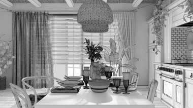 Tamamlanmamış proje taslağı, ahşap kırsal yemek masası. Mutfak, kolye lambaları ve pencere. İskandinav Boho iç tasarımı