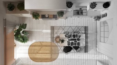Mimar iç mimar konsepti: elle çizilmiş, tamamlanmamış bir proje gerçek, ahşap bir köy mutfağı haline geliyor. İskandinav Boho iç tasarımı. Üst görünüm, plan, yukarıda