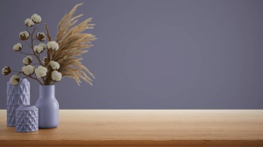 İç dizayn konsepti, ahşap masa, masa ya da rafı kapat. Kuru bitkilerle seramik vazolar ve pamuk çiçekleri. Kopyalama alanı olan mor arkaplan, şablon model fikri