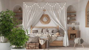 Zen iç döşeme, saksı bambu bitkisi, doğal iç dizayn konsepti, bohem yatak, bohem tarzı mimari.