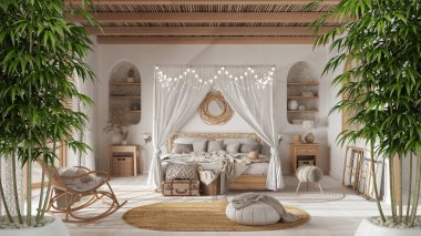 Zen iç döşeme, saksı bambu bitkisi, doğal iç dizayn konsepti, bohem yatak, bohem tarzı mimari.