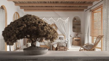 Saksı çiçekli ahşap masa rafı, bej yapraklar, çiçekler, bohem yataklı bohem yatak odası, bohem mimari fikri.