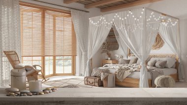 Ahşap masa üstü ya da rafta mumlar ve çakıl taşları, zen ruh hali, bohem yataklı bohem yatak, bohem mimari fikri