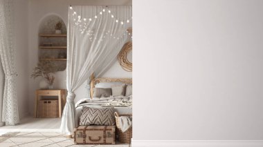 Bohem ahşap yatak odası, ön planda paraşüt yatağı, iç tasarım mimari fikri, fotokopi alanı kavramı, boş arkaplan, şablon, maket