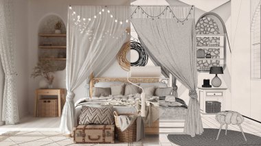 Boya patencisi iç tasarım tasarım tasarım tasarımı taslak arka plan. Bu arada alan boho yatak odasını gösterirken gerçek oluyor. Önce ve sonra, mimar tasarımcı yaratıcı iş akışı