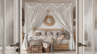 Bohem ahşap yatak odasında bohem tarzında açılan klasik beyaz cam kapı. Kubbeli yatak ve rattan mobilyalar, eve hoş geldin konsepti, iç tasarım fikri