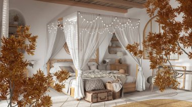 Turuncu sarı ve kırmızı sonbahar yaprakları, iç tasarım sahnesinde ağaç dalı. Doğal ekoloji kavramı. Bohem yatak odası, tepe örtülü yatak, bohem iç tasarımı.