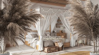 Çakıl taşları, kuru bitkiler, süs, kulaklar, kılıf, bohem tarzı bohem yatak odasının üzerine vazo şeklinde saksılar. Kubbeli yatak ve rattan mobilyalar, iç tasarım.