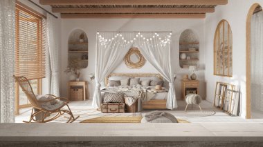 Ahşap eski masa üstü ya da raf kapağı, Zen modu, bohem yatak odası, örtülü yatak ve rattan mobilya, boho şık iç mimari tasarım.