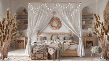 Çakıl taşları, kuru bitkiler, süs, kulaklar, kılıf, vazo dalları, bohem ahşap yatak odasının üzerinde bohem yataklar, akdeniz iç tasarımı.