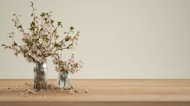 Ahşap masa, masa ya da rafı kapat. Cam vazoda kiraz dalları çiçek açar. Kopyalama alanı olan beyaz arkaplan, şablon modelleme fikri, bahar fikri